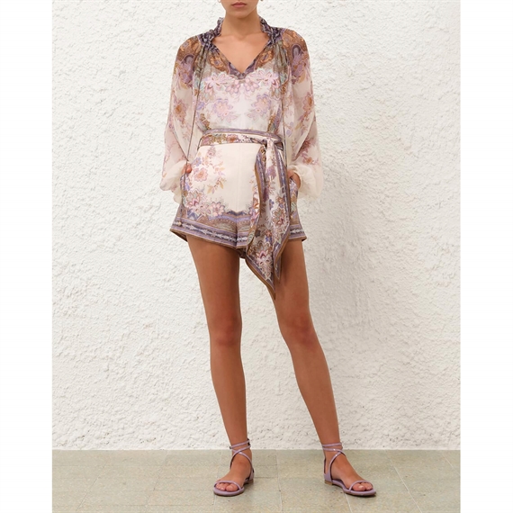 Zimmermann Luna Scarf Tie Shorts, Cream Blue Paisley